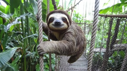 Naklejka premium Smiling sloth clinging to rope in lush green rainforest
