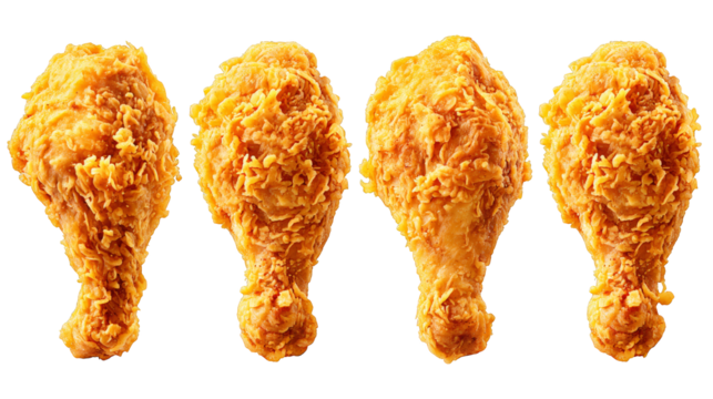 A delectable arrangement of three perfectly cooked goldenbrown crispy fried chicken pieces, featuring juicy drumstick and thigh, presented against minimalist stark black background.