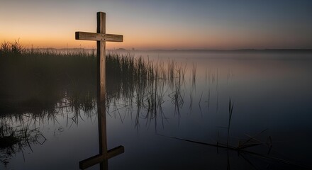 A wooden cross stands in serene, misty waters at dawn, symbolizing faith, hope, and salvation with a peaceful sunrise reflection.