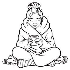 Cute cozy girl wrapped in a big blanket holding a warm drink, sitting cross-legged, relaxing indoor autumn and winter cartoon line art illustration for coloring page design