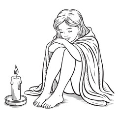 Cute cozy girl sitting on floor with candlelight, wrapped in a warm blanket, peaceful relaxing cartoon line art illustration for coloring page design