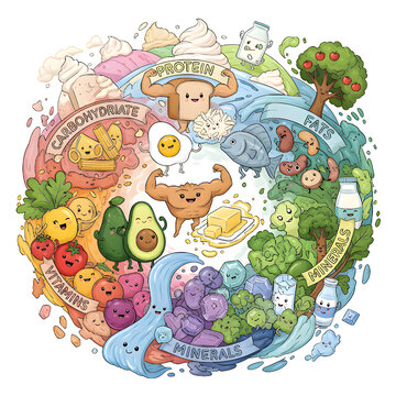 A cute, illustrated diagram showing the major food groups carbohydrates, protein, fats, vitamins, and minerals. Perfect for nutrition and health content. PNG on transparent background
