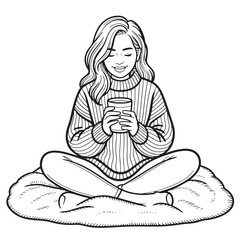 Relaxing Girl Sitting Cross-Legged with Tea – Cozy Autumn Coloring Page