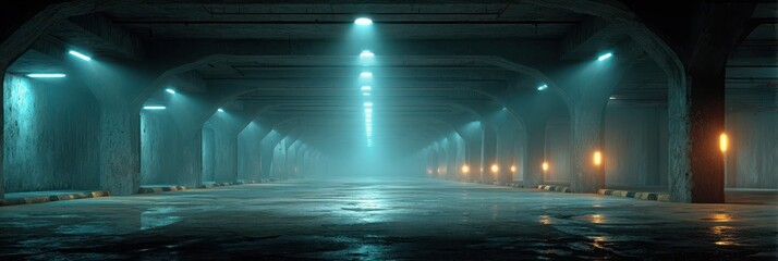 Atmospheric underground parking garage with blue lighting and reflections on wet floor during nighttime