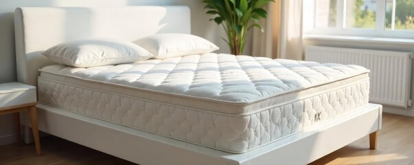 Luxurious Plush Mattress on White Platform Bed, Bathed in Sunlight, Inviting Restful Sleep in a Clean, Modern Bedroom.