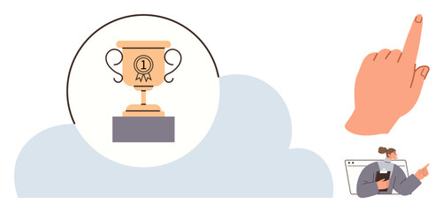 Golden trophy symbolizing achievement over a cloud, hand pointing upward, person using a laptop. Ideal for success, leadership, aspirations, motivation, career growth, online education innovation