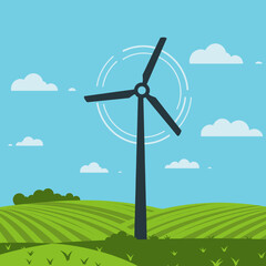 Obraz premium A stylized wind turbine spinning against a bright blue sky with fluffy clouds, symbolizing renewable energy