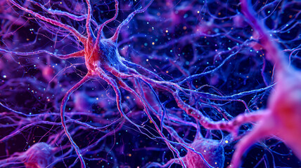 Abstract illustration of neural network with branching filaments and vibrant blue and red colors. Connectivity and complexity.