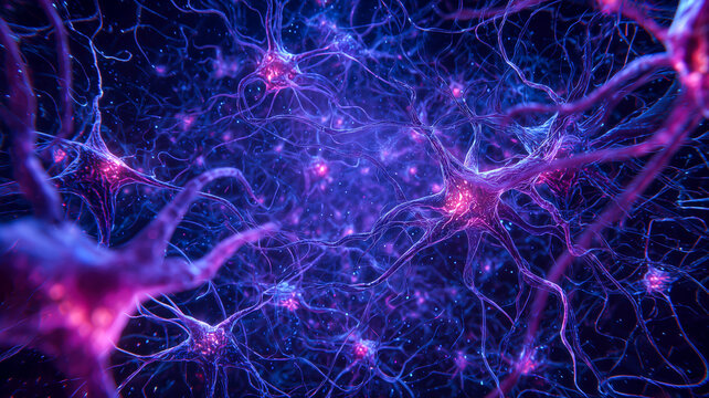 Interconnected Network: Neurons firing signals in a complex neural network, illuminated by glowing purple and blue lights.