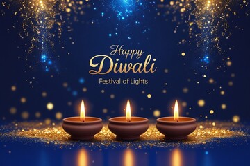 Diwali Festival Diyas with Sparkling Gold Lights on Blue Background – AI-Generated