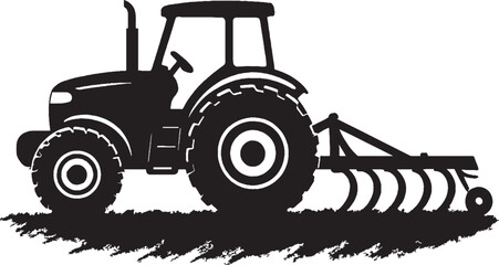 Black and White Silhouette of Tractor with Cultivator in Action on Isolated White Background