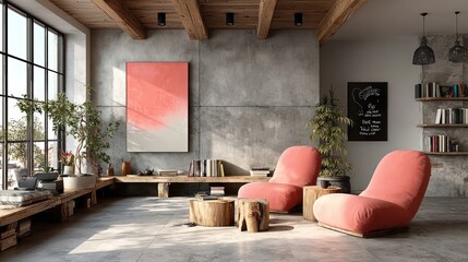 Modern office interior with blank white wall and coral desks, designed for poster mockup in minimal workspace environment