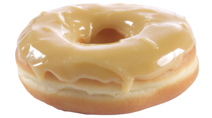 A delectable closeup macro shot of freshly baked, sugary glazed donut, showcasing its perfect goldenbrown texture and glistening sweet icing, classic pastry treat.