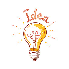 Fototapeta premium Lightbulb and idea word in warm hand-drawn style 