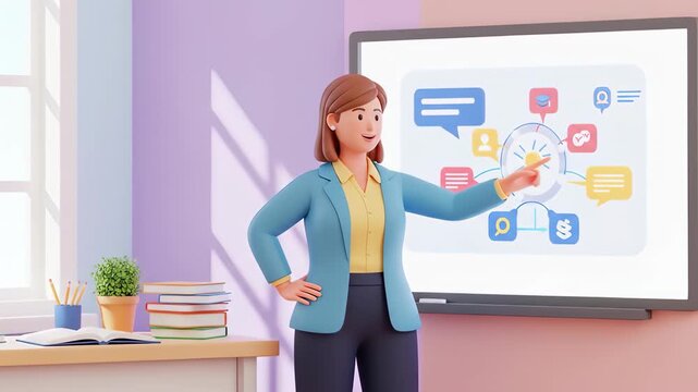 3d illustration of a cartoon teacher is giving a presentation in a classroom, pointing at a whiteboard with a diagram, explaining a concept to students, in a bright and colorful setting