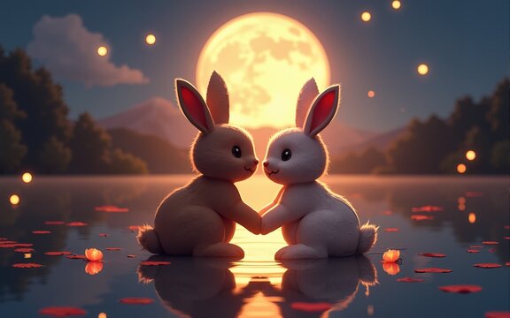couple rabbit at the lake with full moon for mooncake festival. High quality