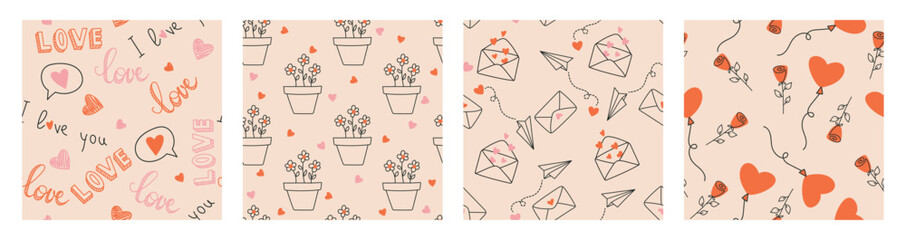 Set of vector seamless patterns with hearts, flowers, envelopes and romantic elements in cute pastel style, backgrounds for valentine’s day
