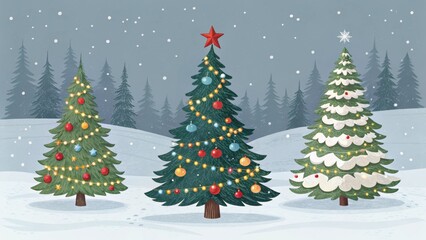 Fototapeta premium Three decorated christmas trees stand in a snowy landscape, illuminated by festive lights and adorned with ornaments and a star