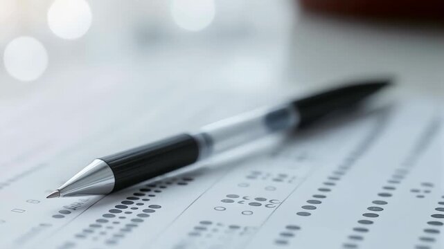 Black ballpoint pen resting on standardized OMR answer sheet, capturing pre exam moment of academic testing readiness