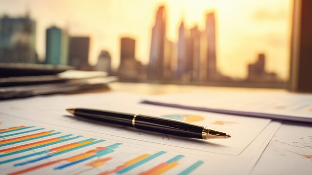 The pen rests on financial reports overlooking a vibrant cityscape at sunset.