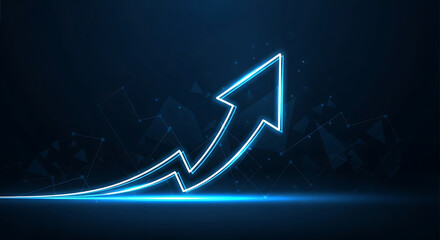 Glowing blue arrow ascends, symbolizing growth and progress against a dark, technological background.