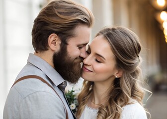 Naklejka premium Man and a woman are kissing each other's faces. The woman has a red face and the man has a beard