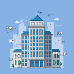 Modern office building with financial data graphics and city skyline backdrop