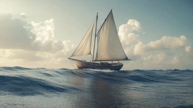 Classic sailboat glides across ocean waves under a partly cloudy sky