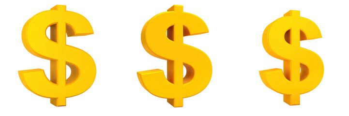 Obraz premium Three 3D Plastic Style Golden Dollar Signs Isolated On Transparent Background Depicting Financial Concepts