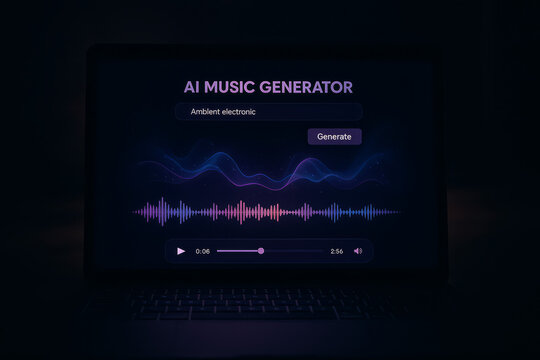 Interface of an AI music generator on a laptop screen with neon waveforms and ambient electronic music genre selected.