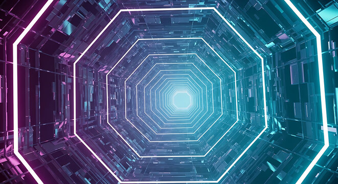 Futuristic Octagonal Tunnel with Neon Lighting and Reflections.