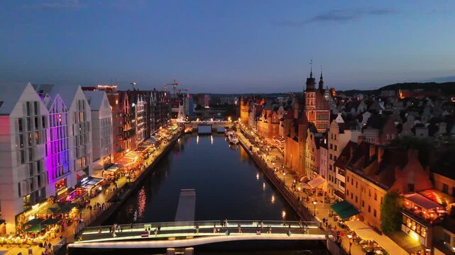 Old town night evening lighting city center view from above flyover Gdansk Poland