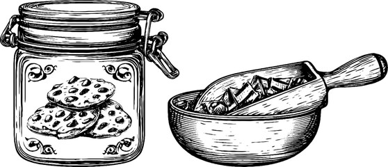 Vintage cookie jar and chocolate scoop engraving for retro kitchen design
