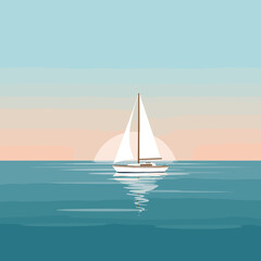 Fototapeta premium Serene sailboat gliding across calm waters at sunset, with soft pastel skies