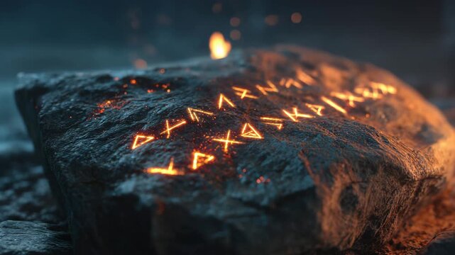 Enigmatic Glowing Runes Engraved on an Ancient Stone Slab