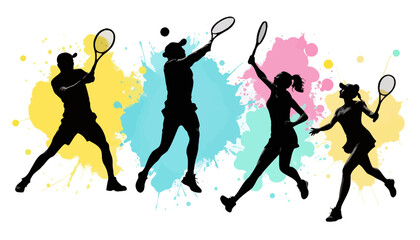 Dynamic silhouettes of male and female tennis players in action against a vibrant watercolor splash background, conveying energy and sport.