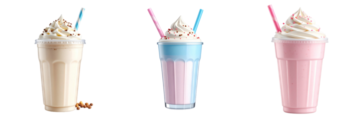 3D Plastic Style Milkshakes Trio In Various Colors with Whipped Cream and Sprinkles against Transparent Background