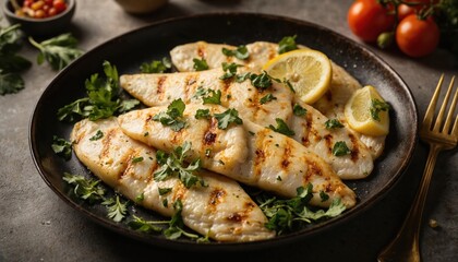 Grilled tilapia fish fillets garnished with fresh green herbs and lemon slices on a dark plate. This healthy seafood dish offers lean protein, perfect for diet-conscious meals and gourmet cuisine.