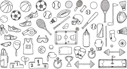 A diverse collection of hand-drawn sports equipment and accessories, perfect for athletic themes and graphic design projects.