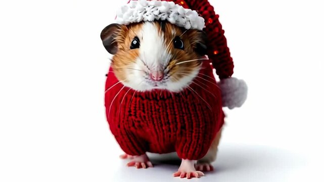 Adorable guinea pig dressed in a festive red Christmas outfit and Santa hat, posing charmingly against a clean white background