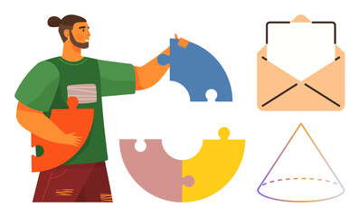 Man holding colorful puzzle pieces, open envelope with blank paper, and a triangular graph. Ideal for teamwork, communication, problem-solving, strategy, collaboration, organization simple flat