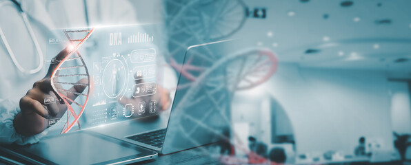 AI-powered DNA diagnostics shown as doctor interacts with transparent interface displaying genetic...