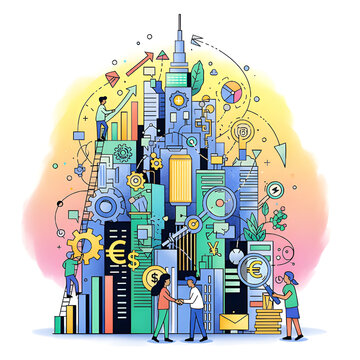 An illustration of a stylized cityscape representing business and finance, with people, gears, and various economic symbols.