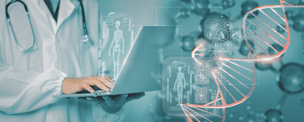 Digital healthcare innovation blends AI and genomics as a doctor uses a laptop displaying a smart...