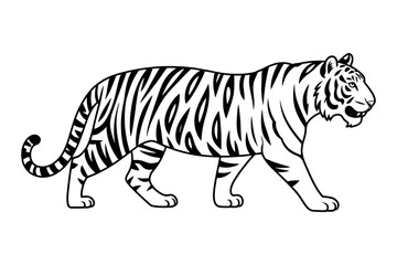 Naklejka premium Illustration of a bengal tiger with black stripes walking from left to right on a white background