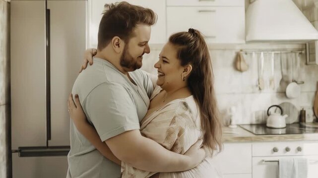 Plump partners hugging warmly in sunlit kitchen, radiating affection and tender closeness with genuine emotional bond