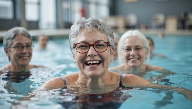 Three smiling senior women enjoy swimming class in indoor pool. Active retired friends participate water aerobics, promoting health and well-being. They embody joyful, healthy lifestyle.