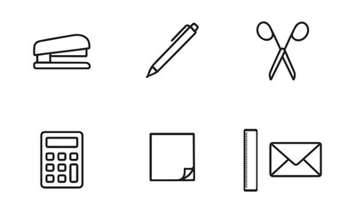  Black Line Art Icons of Common Office Tools — Stapler, Pen, Paperclip, Scissors, Calculator, Sticky Notes, Ruler, Envelope on White Background