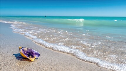 Seashell on a sandy beach at the water's edge.