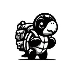 Obraz premium The turtle is wearing a small backpack, peeking out of its shell